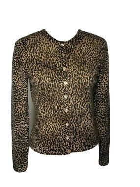 Rena Rowan Leopard Button Front Cardigan Sweater long sleeve brown Sz M/p
